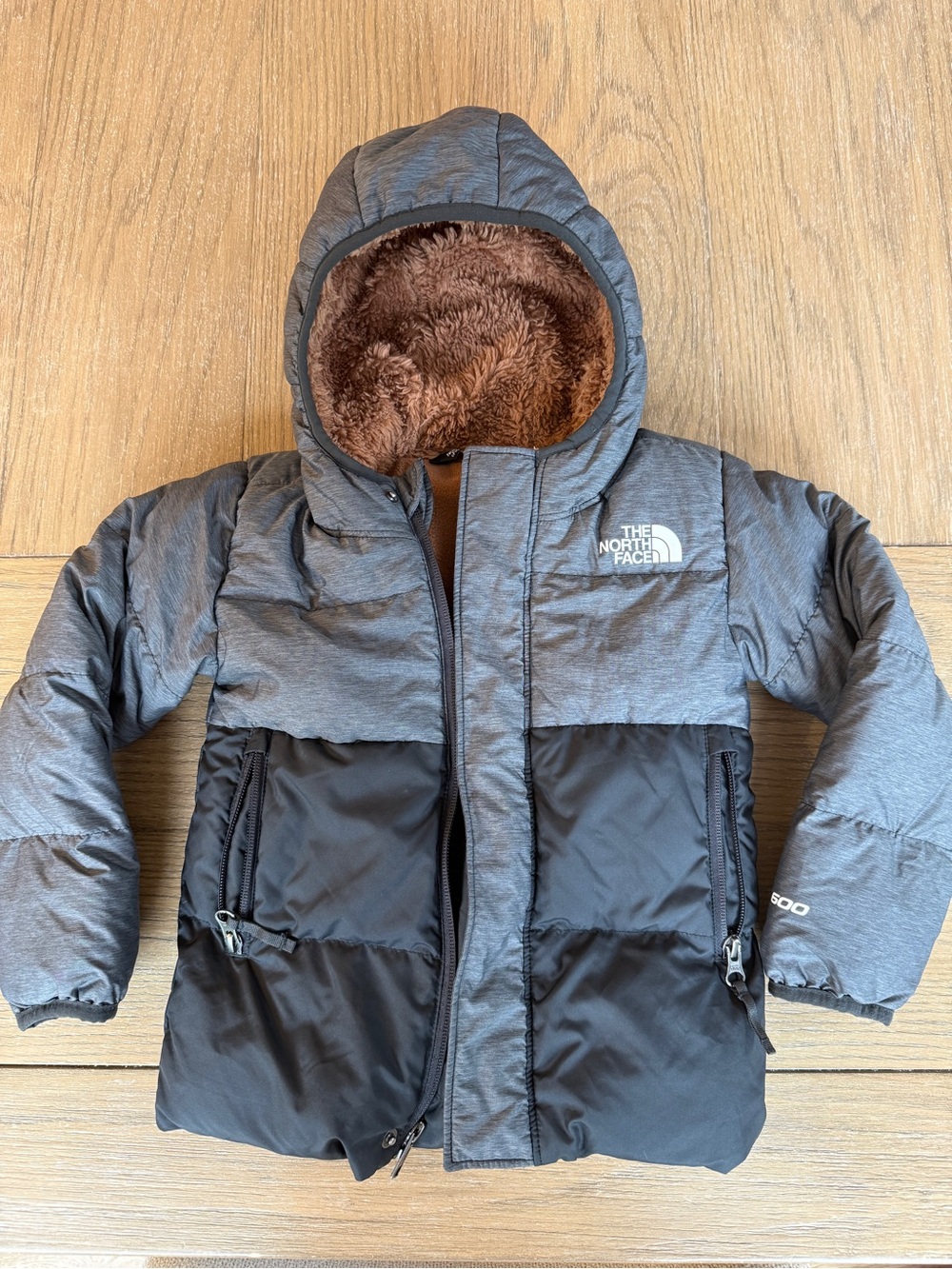 The North Face Kids Hooded Puffer Jacket in Gray and Black